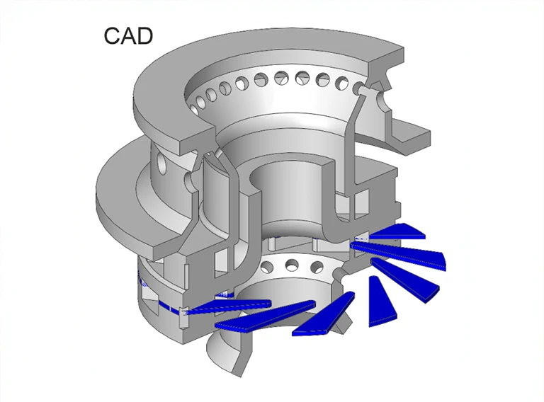 Ein 3D-CAD-Modell eines mechanischen Bauteils mit mehreren kreisförmigen Schichten, Ausschnitten und blau hervorgehobenen, abgewinkelten Abschnitten, die die Richtung des Luftstroms oder der Flüssigkeit anzeigen. Das Wort CAD erscheint in der oberen linken Ecke.