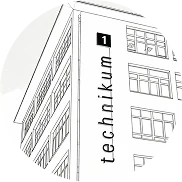 Schwarz-weiße Strichzeichnung eines mehrstöckigen Gebäudes mit großen Fenstern und dem Wort technikum, das senkrecht neben einem schwarzen Quadrat mit der Zahl 1 auf der Fassade steht.