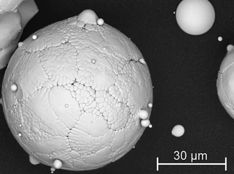 Ein mikroskopisches Graustufenbild zeigt ein großes, strukturiertes, kugelförmiges Partikel mit einer rissigen Oberfläche, umgeben von mehreren kleineren, glatten Kugeln. Ein Skalenbalken unten rechts zeigt 30 Mikrometer an.