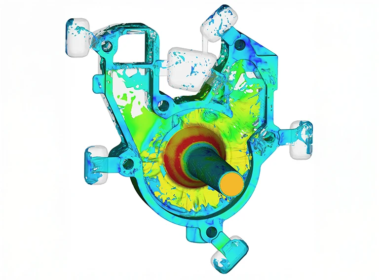 Farbenfrohe Strömungssimulation eines mechanischen Teils, die einen Luftstrom oder eine Flüssigkeitsbewegung mit grünen, blauen und gelben Farbverläufen auf einem teilweise transparenten weißen Hintergrund zeigt.