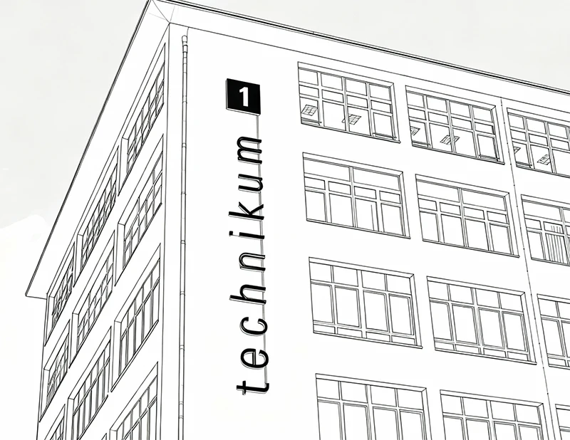 Strichzeichnung eines mehrstöckigen Gebäudes mit vielen Fenstern und dem Wort Technikum, das senkrecht auf der Seite steht, sowie einem schwarzen Quadrat mit der Zahl 1 in der oberen Ecke.