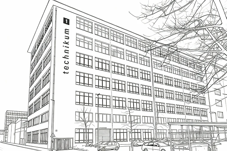 Strichzeichnung eines großen, mehrstöckigen Gebäudes mit dem Wort Technikum und der Zahl 1 an der Ecke. Das Gebäude hat viele Fenster und ist von blattlosen Bäumen und parkenden Autos umgeben.
