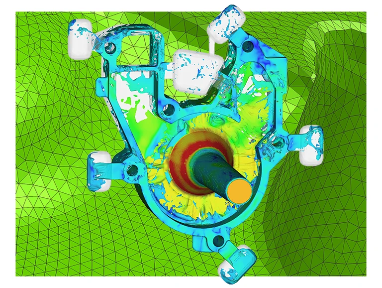 Eine farbenfrohe Simulation eines mechanischen Teils mit einer zentralen zylindrischen Welle, überlagert von einem grünen Maschengitterhintergrund, zur Veranschaulichung der Spannungs- oder Strömungsdynamikanalyse mit blau, grün, gelb und rot hervorgehobenen Bereichen.