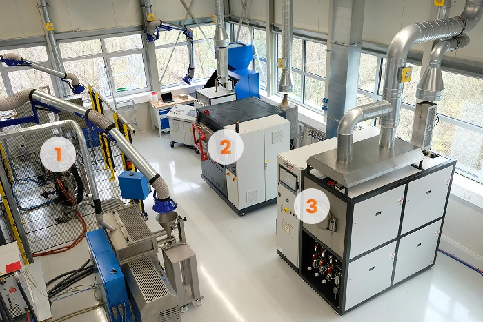 Ein helles, modernes Industrielabor mit großen Fenstern, in dem sich drei nummerierte Hauptmaschinen befinden: ein Arbeitsplatz mit Rohren, ein weißer Schaltschrank und eine größere Einheit mit Lüftungsrohren darüber.