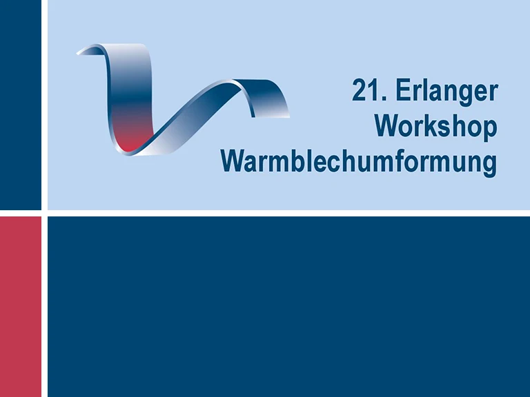 Logo mit einem Metallband und dem Text 21. Erlanger Werkstatt Warmblechumformung auf blauem und rotem Hintergrund, unterteilt in geometrische Abschnitte.