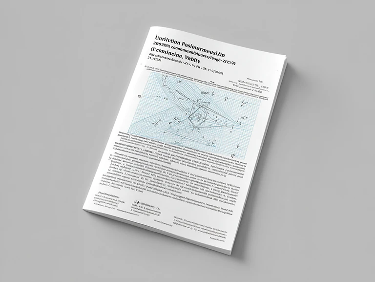 Ein Stapel wissenschaftlicher Papiere mit Diagrammen und Text liegt auf einer grauen Fläche. Die oberste Seite zeigt ein detailliertes Diagramm mit verschiedenen Linien und Zahlen, und die Überschrift ist in einer nicht-englischen Sprache.