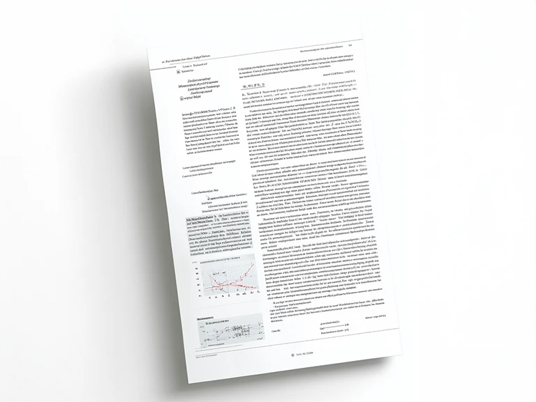 Ein Stapel wissenschaftlicher Papiere mit Diagrammen und Text liegt auf einer grauen Fläche. Die oberste Seite zeigt ein detailliertes Diagramm mit verschiedenen Linien und Zahlen, und die Überschrift ist in einer nicht-englischen Sprache.