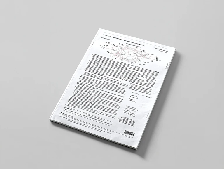 Ein Stapel wissenschaftlicher Papiere mit Diagrammen und Text liegt auf einer grauen Fläche. Die oberste Seite zeigt ein detailliertes Diagramm mit verschiedenen Linien und Zahlen, und die Überschrift ist in einer nicht-englischen Sprache.
